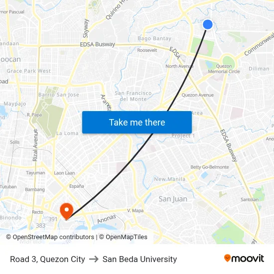 Road 3, Quezon City to San Beda University map