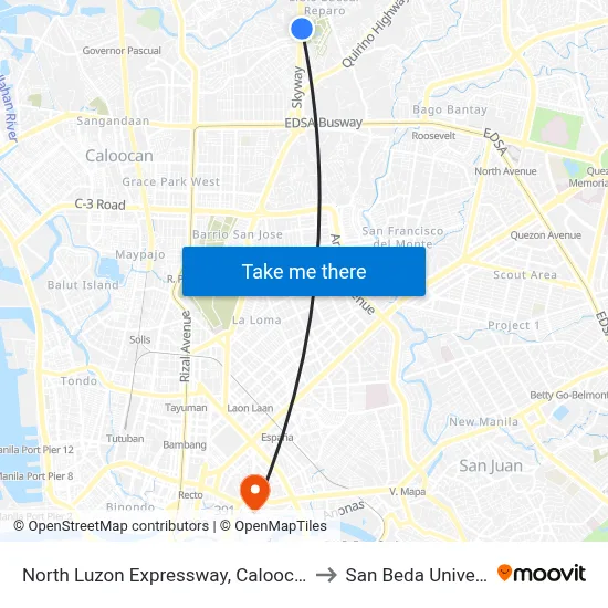 North Luzon Expressway, Caloocan City to San Beda University map