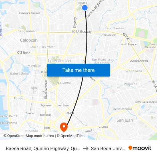Baesa Road, Quirino Highway, Quezon City to San Beda University map