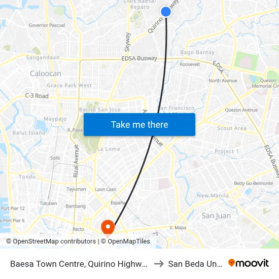 Baesa Town Centre, Quirino Highway, Quezon City to San Beda University map
