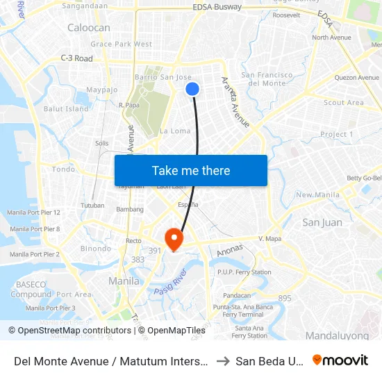 Del Monte Avenue / Matutum Intersection, Quezon City to San Beda University map