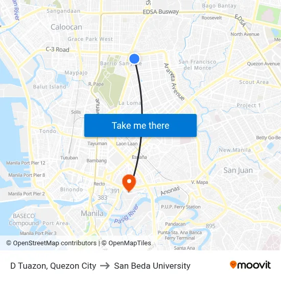 D Tuazon, Quezon City to San Beda University map