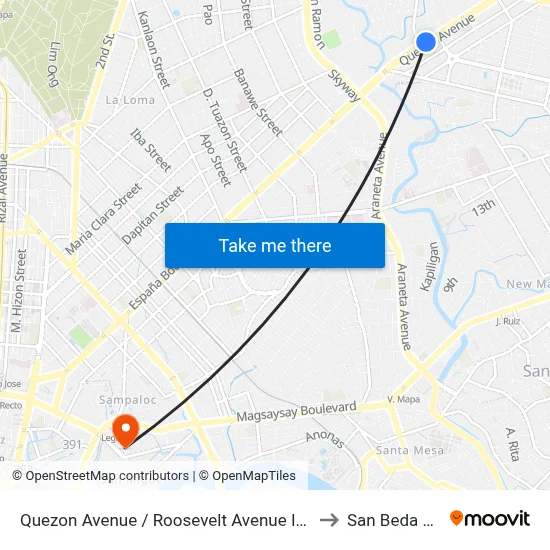 Quezon Avenue / Roosevelt Avenue Intersection, Quezon City to San Beda University map