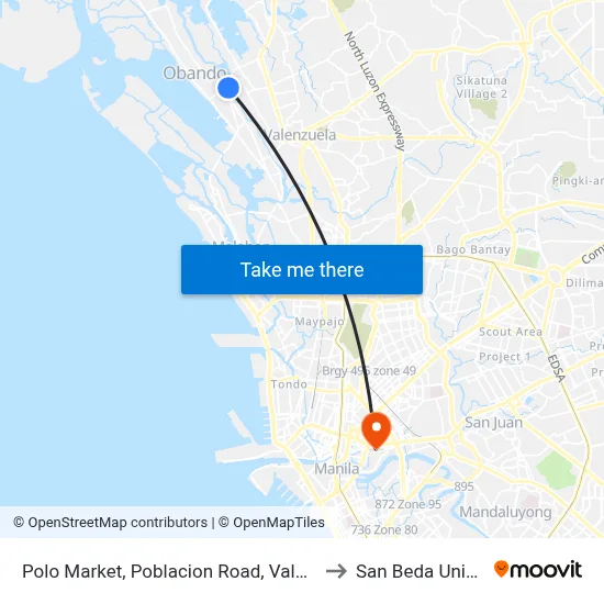 Polo Market, Poblacion Road, Valenzuela City to San Beda University map