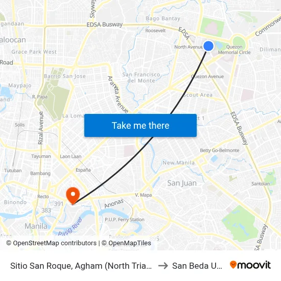 Sitio San Roque, Agham (North Triangle), Quezon City to San Beda University map