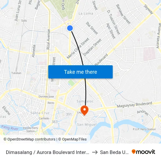 Dimasalang / Aurora Boulevard Intersection, Quezon City to San Beda University map