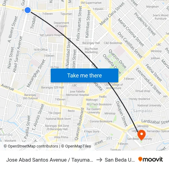 Jose Abad Santos Avenue / Tayuman Road, Quezon City to San Beda University map