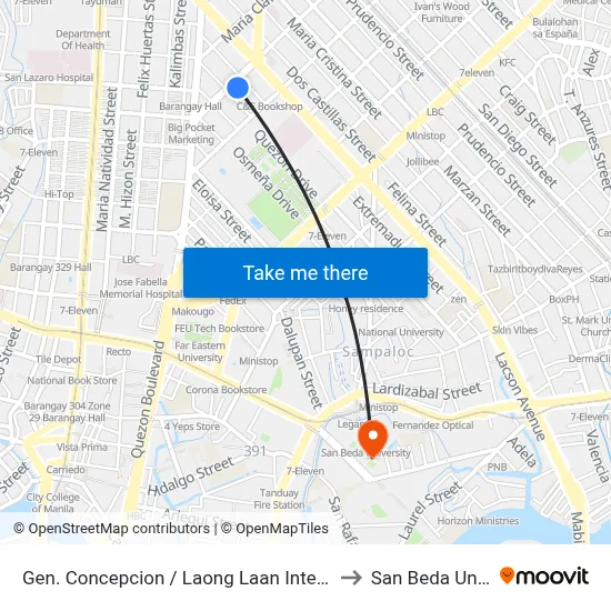 Gen. Concepcion / Laong Laan Intersection, Manila to San Beda University map