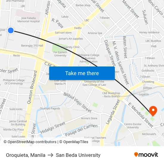 Oroquieta, Manila to San Beda University map