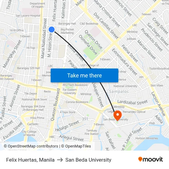 Felix Huertas, Manila to San Beda University map