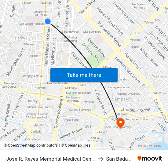 Jose R. Reyes Memorial Medical Center, Rizal Avenue, Manila to San Beda University map