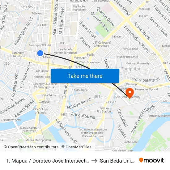 T. Mapua / Doreteo Jose Intersection, Manila to San Beda University map