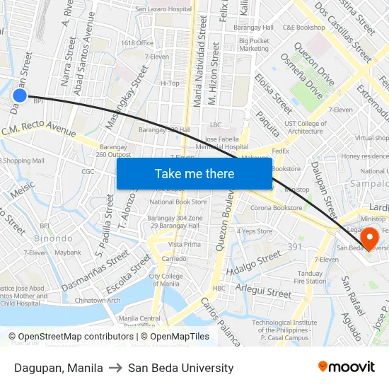 Dagupan, Manila to San Beda University map