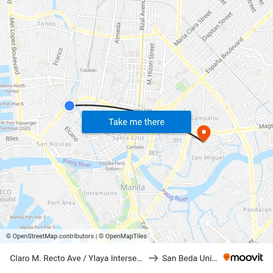 Claro M. Recto Ave / Ylaya Intersection, Manila to San Beda University map