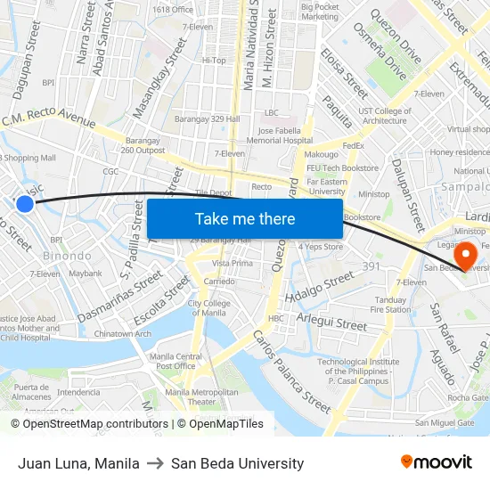 Juan Luna, Manila to San Beda University map