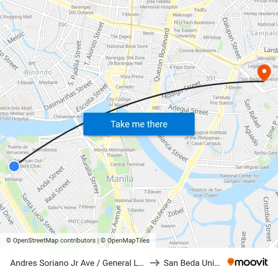 Andres Soriano Jr Ave / General Luna, Manila to San Beda University map