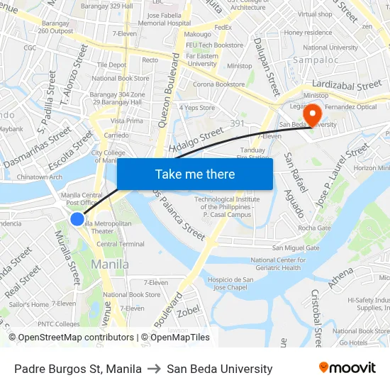 Padre Burgos St, Manila to San Beda University map
