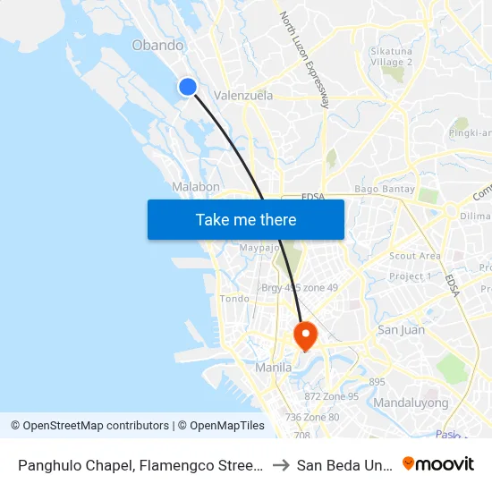 Panghulo Chapel, Flamengco Street, Malabon City to San Beda University map