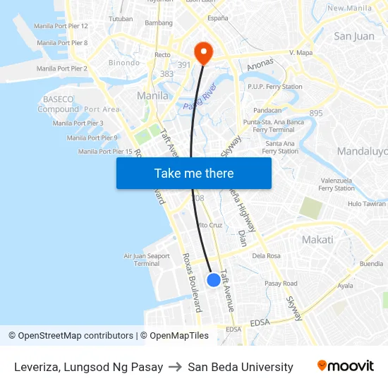 Leveriza, Lungsod Ng Pasay to San Beda University map