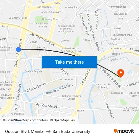 Quezon Blvd, Manila to San Beda University map