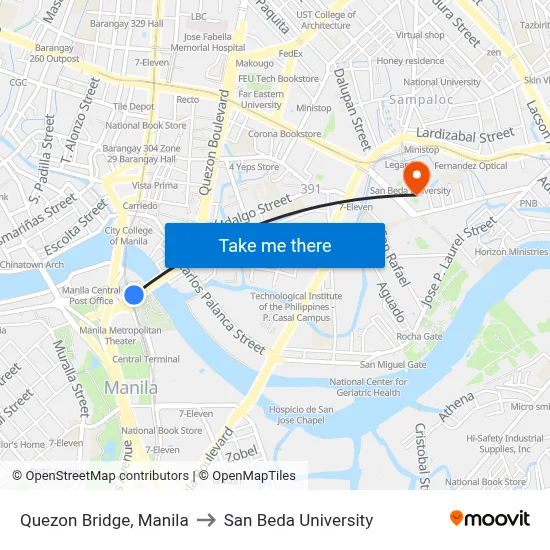 Quezon Bridge, Manila to San Beda University map