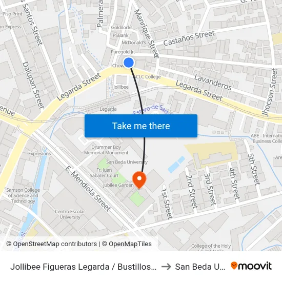Jollibee Figueras Legarda / Bustillos Intersection, Manila to San Beda University map