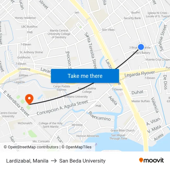 Lardizabal, Manila to San Beda University map