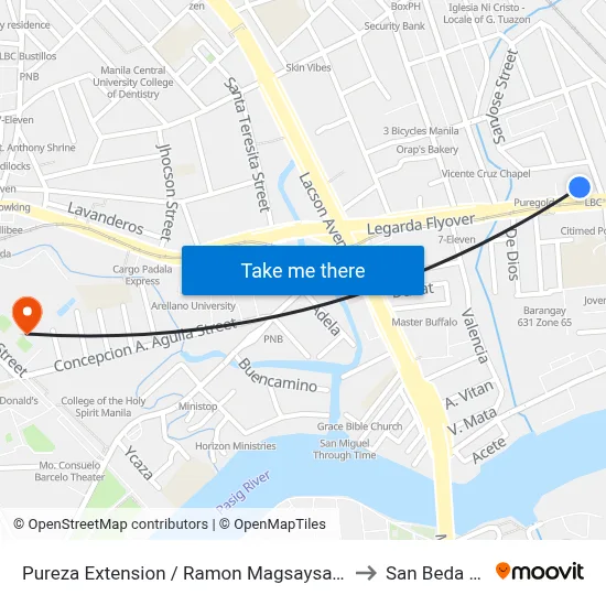Pureza Extension / Ramon Magsaysay Blvd Intersection, Manila to San Beda University map