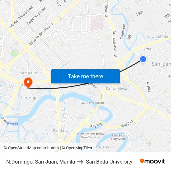 N.Domingo,  San Juan, Manila to San Beda University map