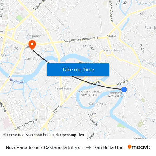 New Panaderos / Castañeda Intersection, Manila to San Beda University map