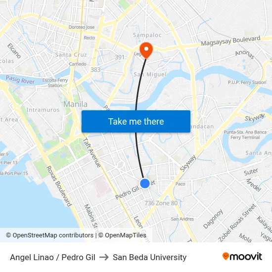 Angel Linao / Pedro Gil to San Beda University map