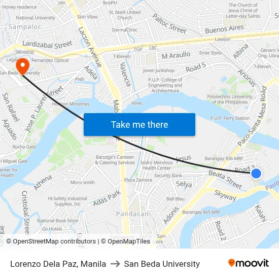Lorenzo Dela Paz, Manila to San Beda University map
