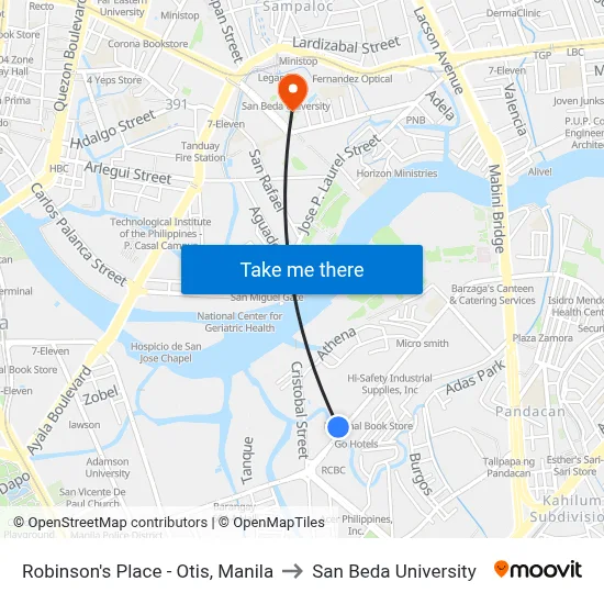 Robinson's Place - Otis, Manila to San Beda University map