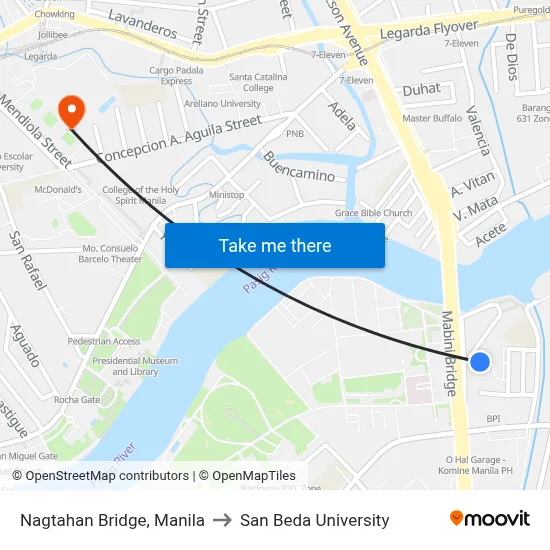 Nagtahan Bridge, Manila to San Beda University map