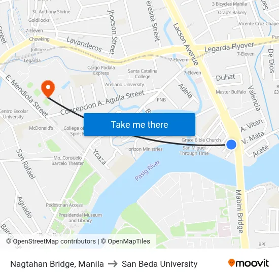 Nagtahan Bridge, Manila to San Beda University map