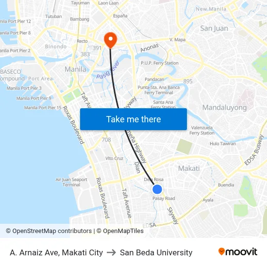 A. Arnaiz Ave, Makati City to San Beda University map