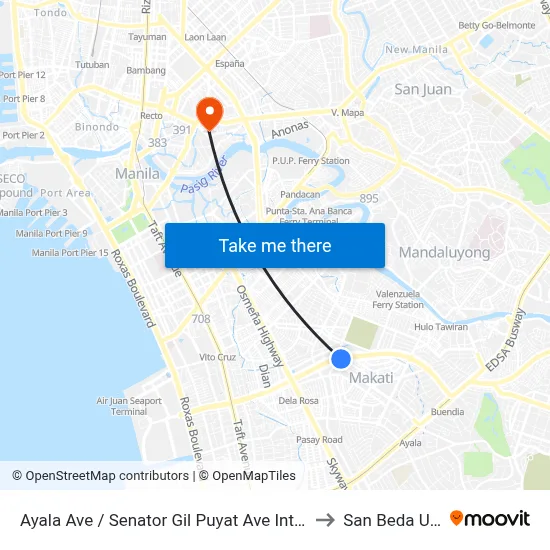 Ayala Ave / Senator Gil Puyat Ave Intersection, Makati City to San Beda University map