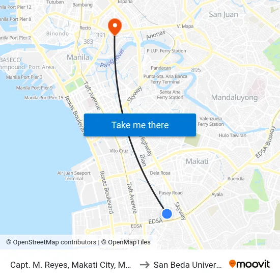 Capt. M. Reyes, Makati City, Manila to San Beda University map