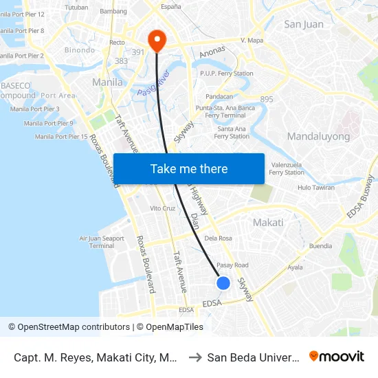 Capt. M. Reyes, Makati City, Manila to San Beda University map