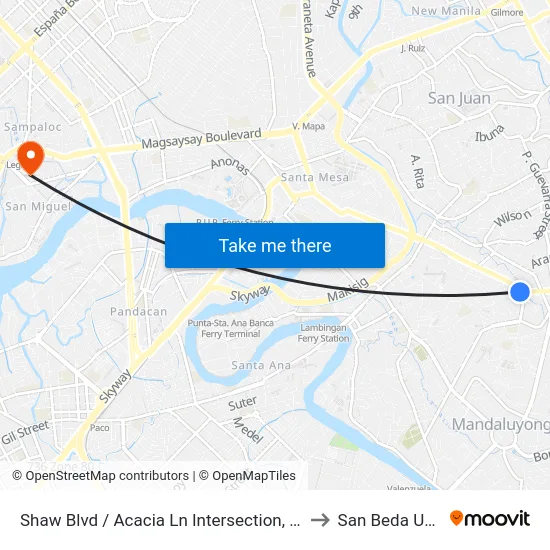Shaw Blvd / Acacia Ln Intersection, Mandaluyong City to San Beda University map