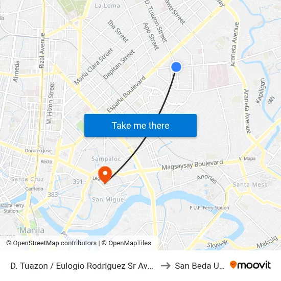 D. Tuazon / Eulogio Rodriguez Sr Ave Intersection, Manila to San Beda University map