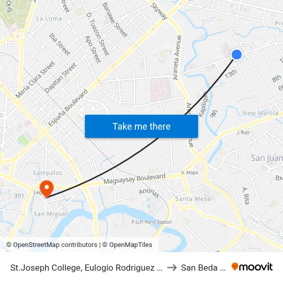 St.Joseph College, Eulogio Rodriguez Sr. Ave, Quezon City, Manila to San Beda University map