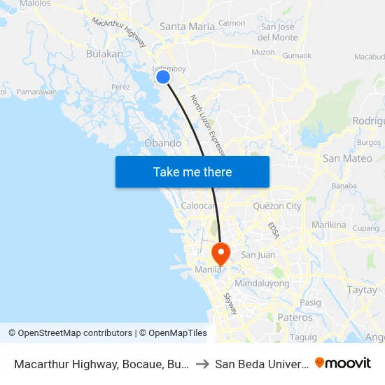 Macarthur Highway, Bocaue, Bulacan to San Beda University map