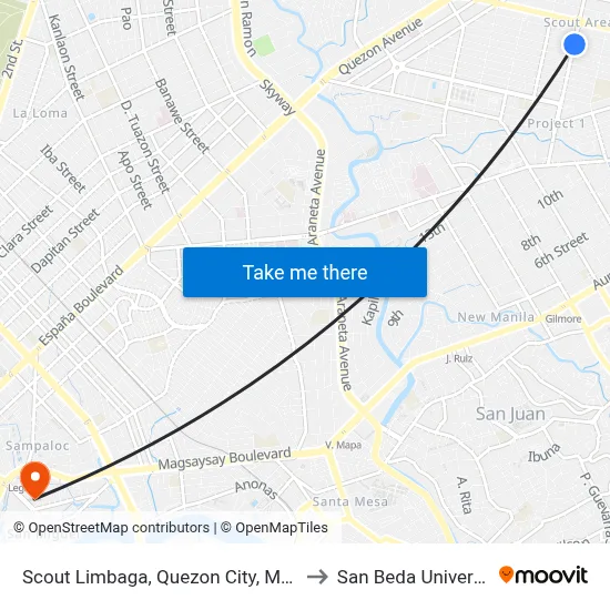 Scout Limbaga, Quezon City, Manila to San Beda University map