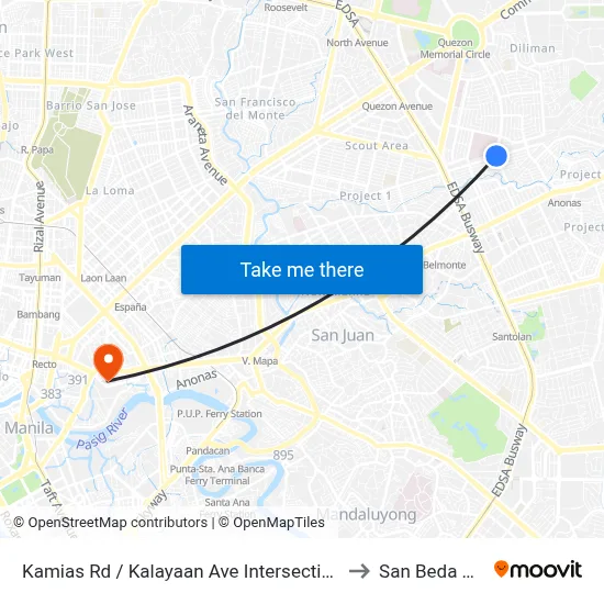 Kamias Rd / Kalayaan Ave Intersection, Quezon City, Manila to San Beda University map