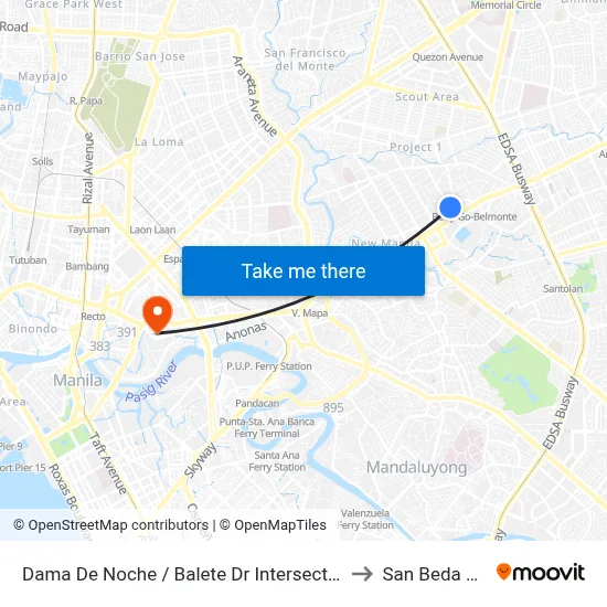 Dama De Noche / Balete Dr  Intersection, Quezon City, Manila to San Beda University map