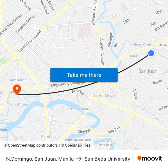 N.Domingo, San Juan, Manila to San Beda University map