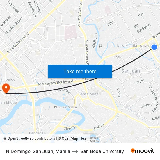 N.Domingo, San Juan, Manila to San Beda University map