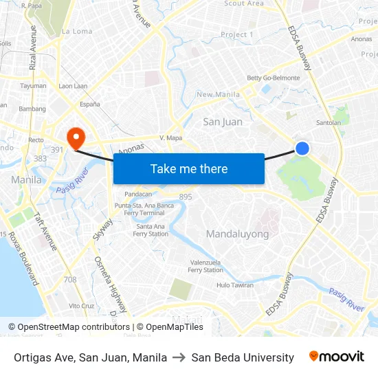 Ortigas Ave, San Juan, Manila to San Beda University map