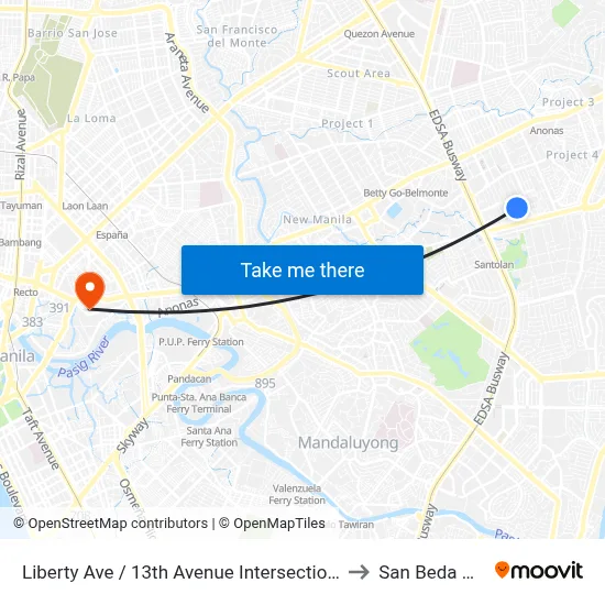 Liberty Ave / 13th Avenue Intersection, Quezon City, Manila to San Beda University map